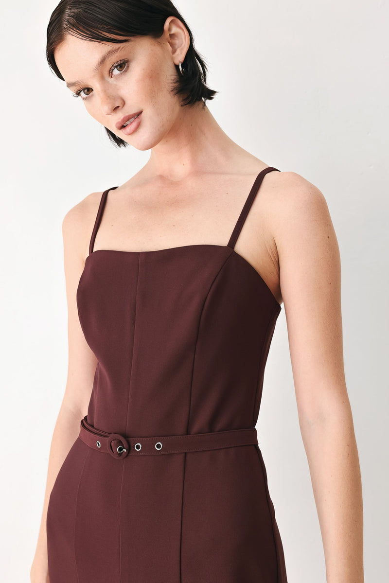 BURGUNDY MODERN MUSE WOVEN JUMPSUIT - Prim Clothing Company