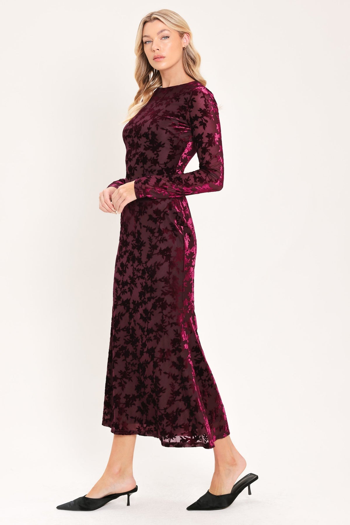 CABERNET FLORAL MUSE VELVET MIDI DRESS - Prim Clothing Company