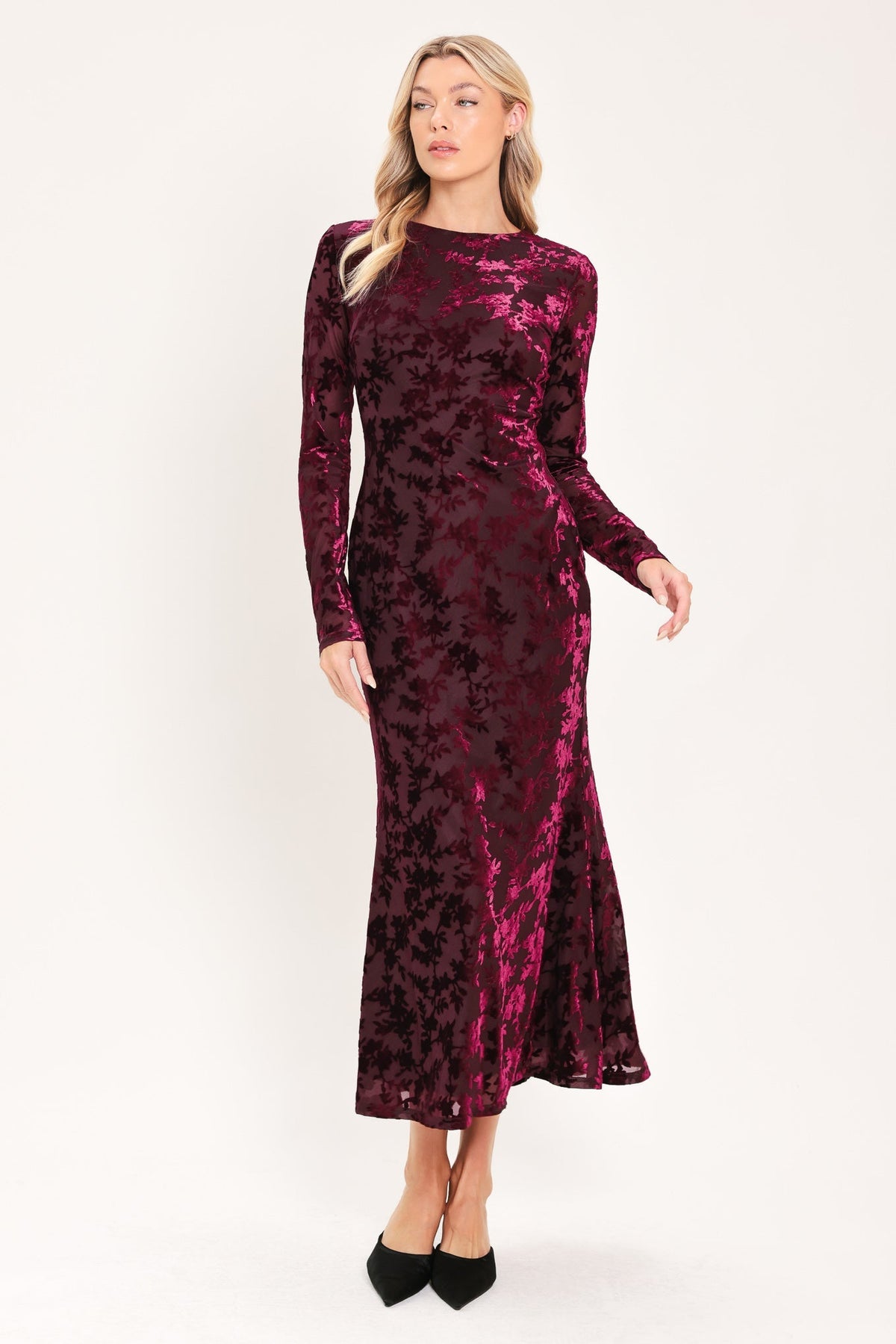 CABERNET FLORAL MUSE VELVET MIDI DRESS - Prim Clothing Company