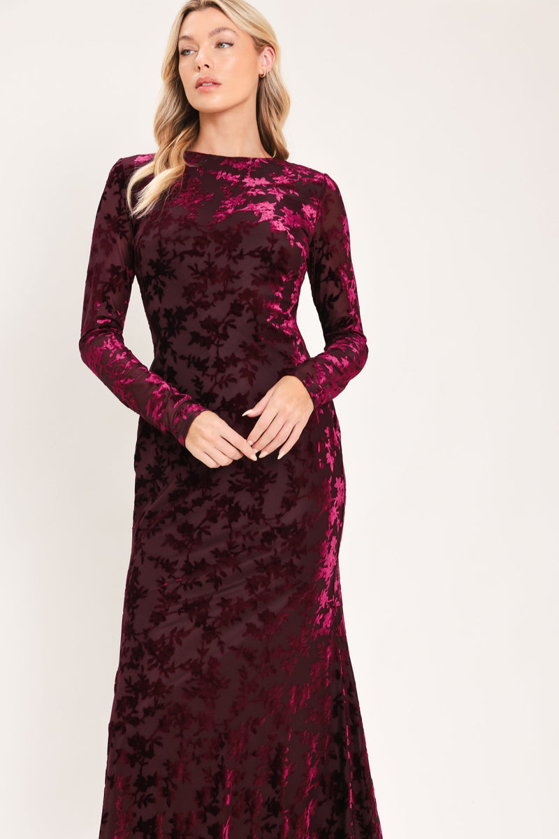 CABERNET FLORAL MUSE VELVET MIDI DRESS - Prim Clothing Company