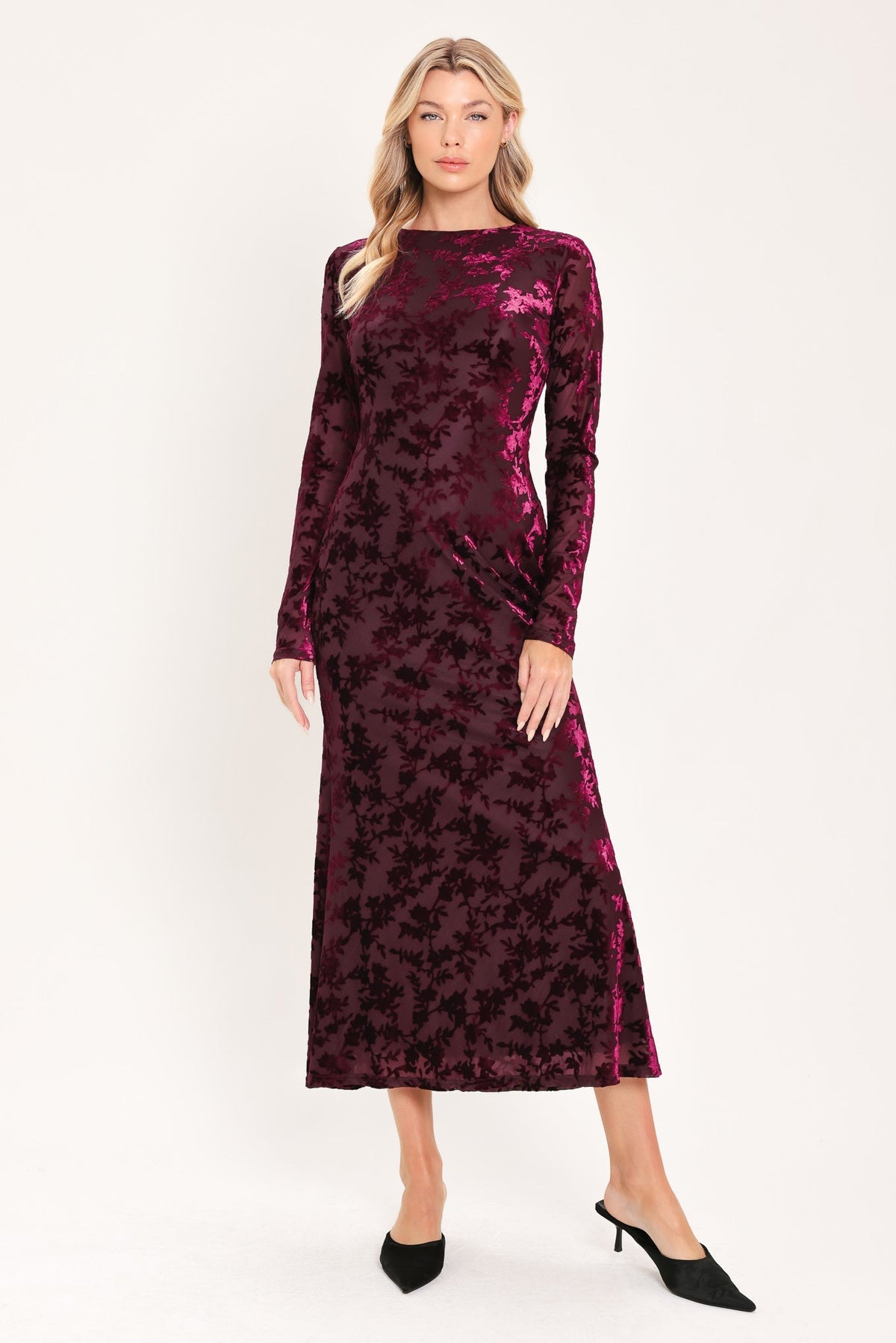 CABERNET FLORAL MUSE VELVET MIDI DRESS - Prim Clothing Company