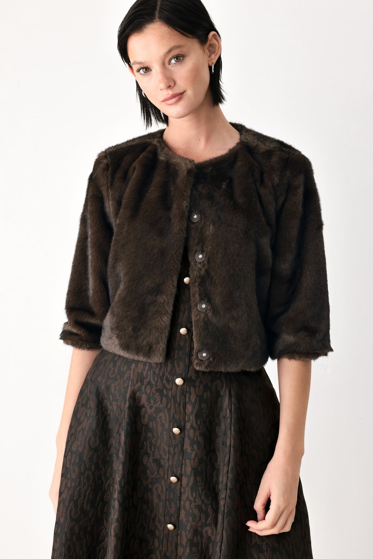 COCOON CHARM BROWN FAUX FUR CROPPED JACKET - Prim Clothing Company