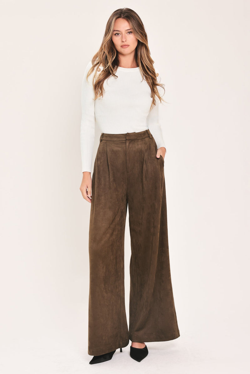 DESERT LUXE BROWN FAUX SUEDE WIDE-LEG PANTS - Prim Clothing Company
