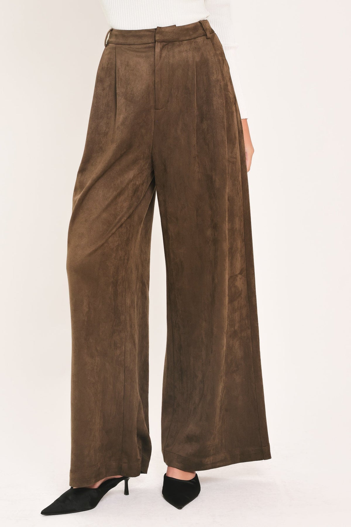 DESERT LUXE BROWN FAUX SUEDE WIDE-LEG PANTS - Prim Clothing Company