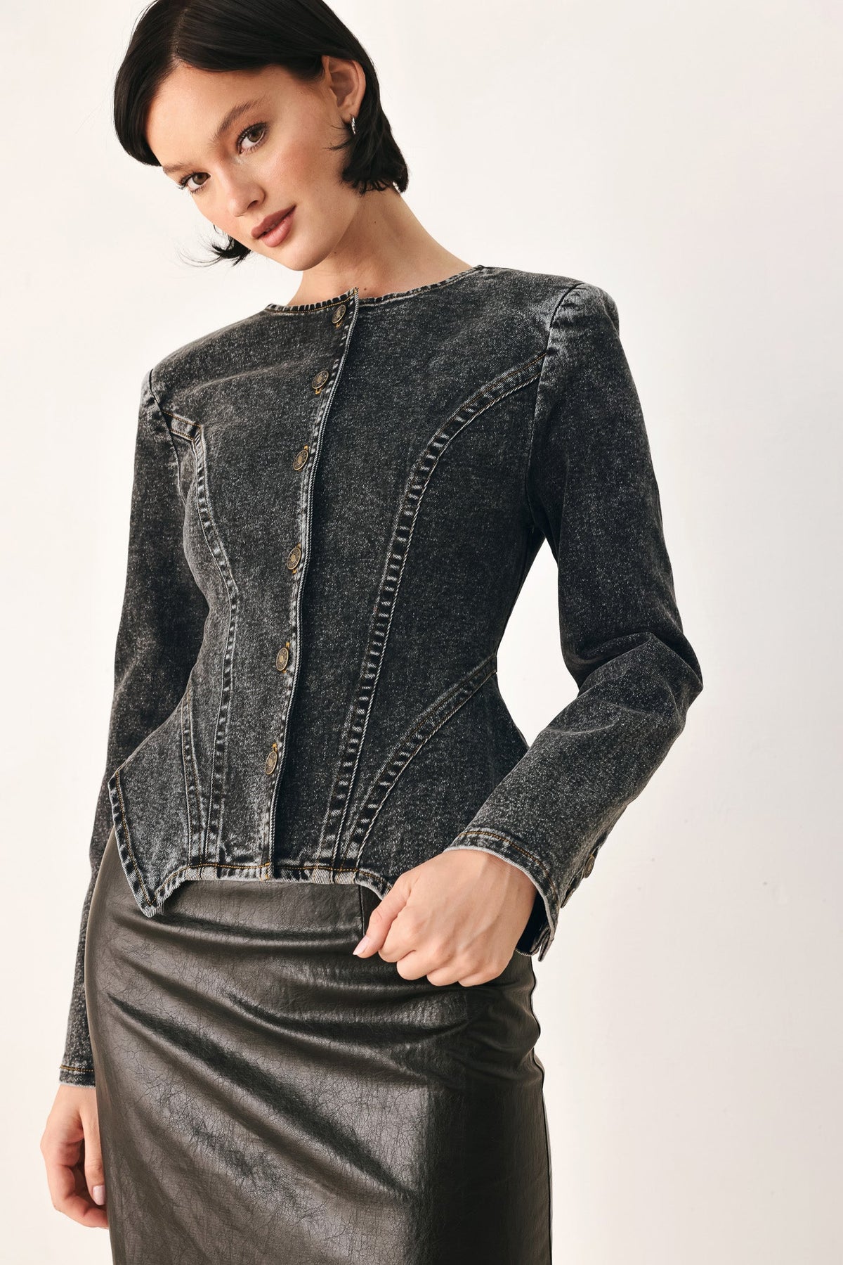 DOWNTOWN EDGE ACID WASH PEPLUM JACKET - Prim Clothing Company