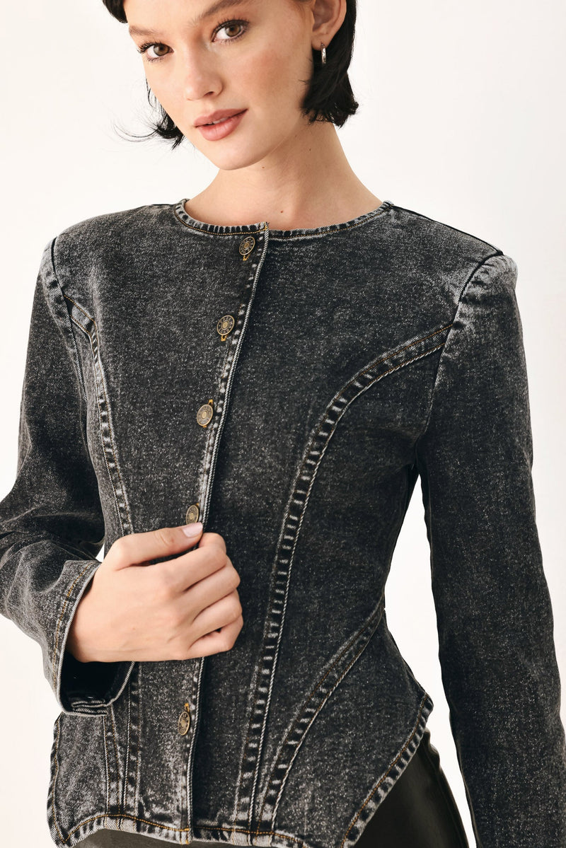 DOWNTOWN EDGE ACID WASH PEPLUM JACKET - Prim Clothing Company