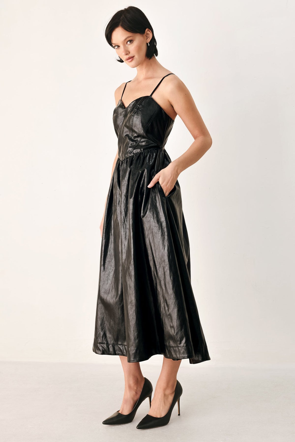 DRESSED TO THRILL FAUX LEATHER MIDI DRESS - Prim Clothing Company