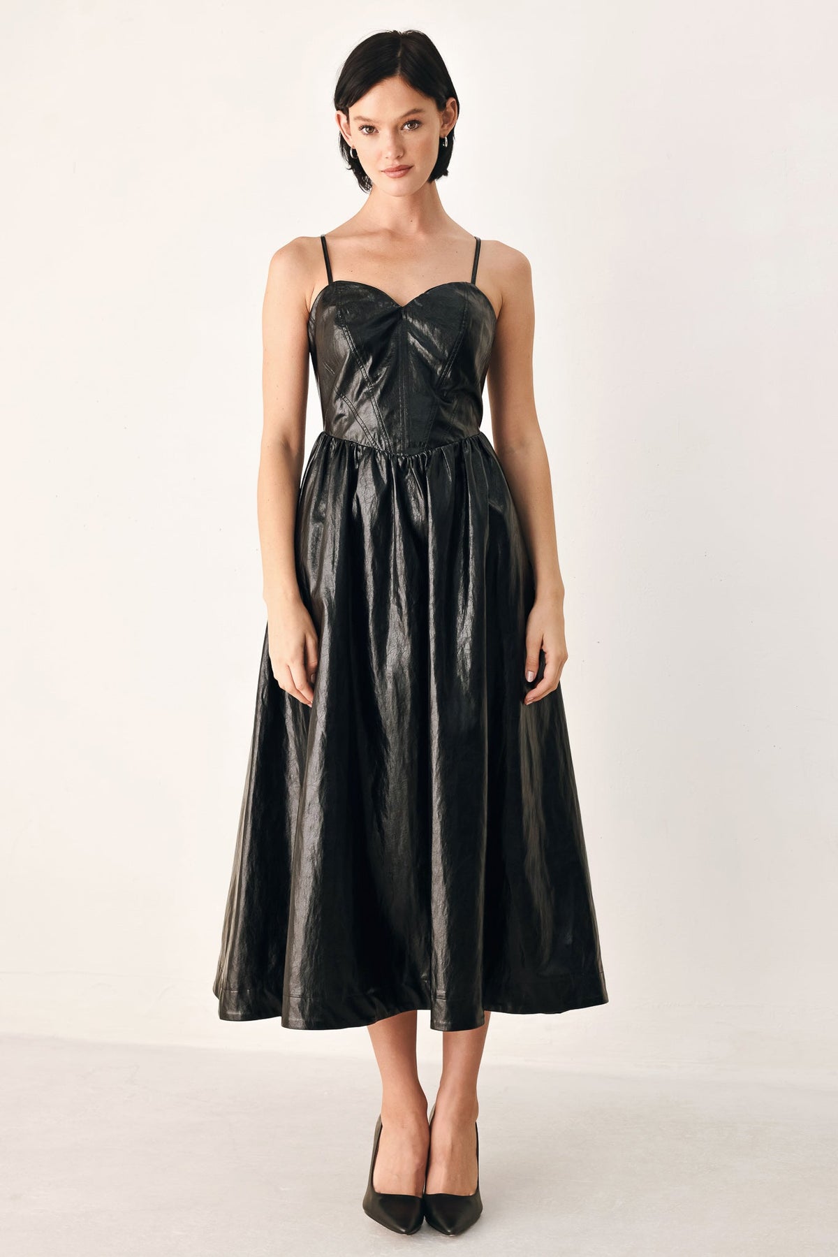 DRESSED TO THRILL FAUX LEATHER MIDI DRESS - Prim Clothing Company