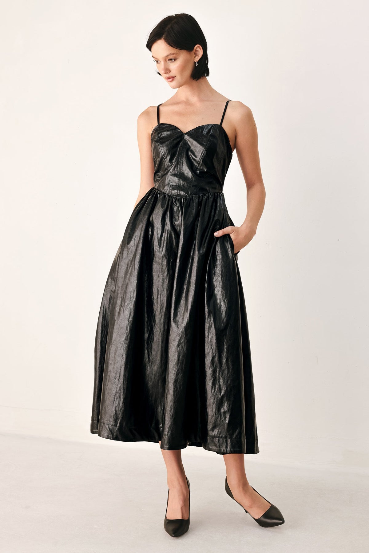 DRESSED TO THRILL FAUX LEATHER MIDI DRESS - Prim Clothing Company