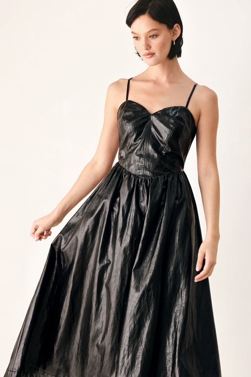 DRESSED TO THRILL FAUX LEATHER MIDI DRESS - Prim Clothing Company