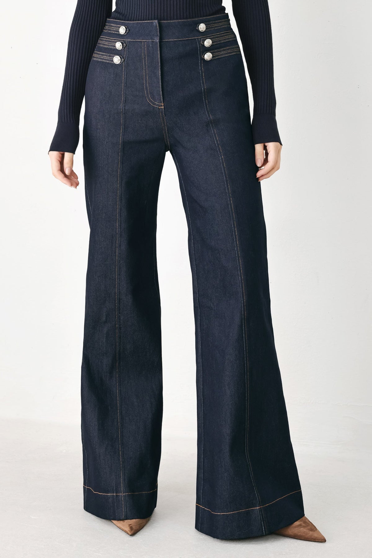 INDIGO IMPRESSION BUTTON DETAIL FLARE JEANS - Prim Clothing Company
