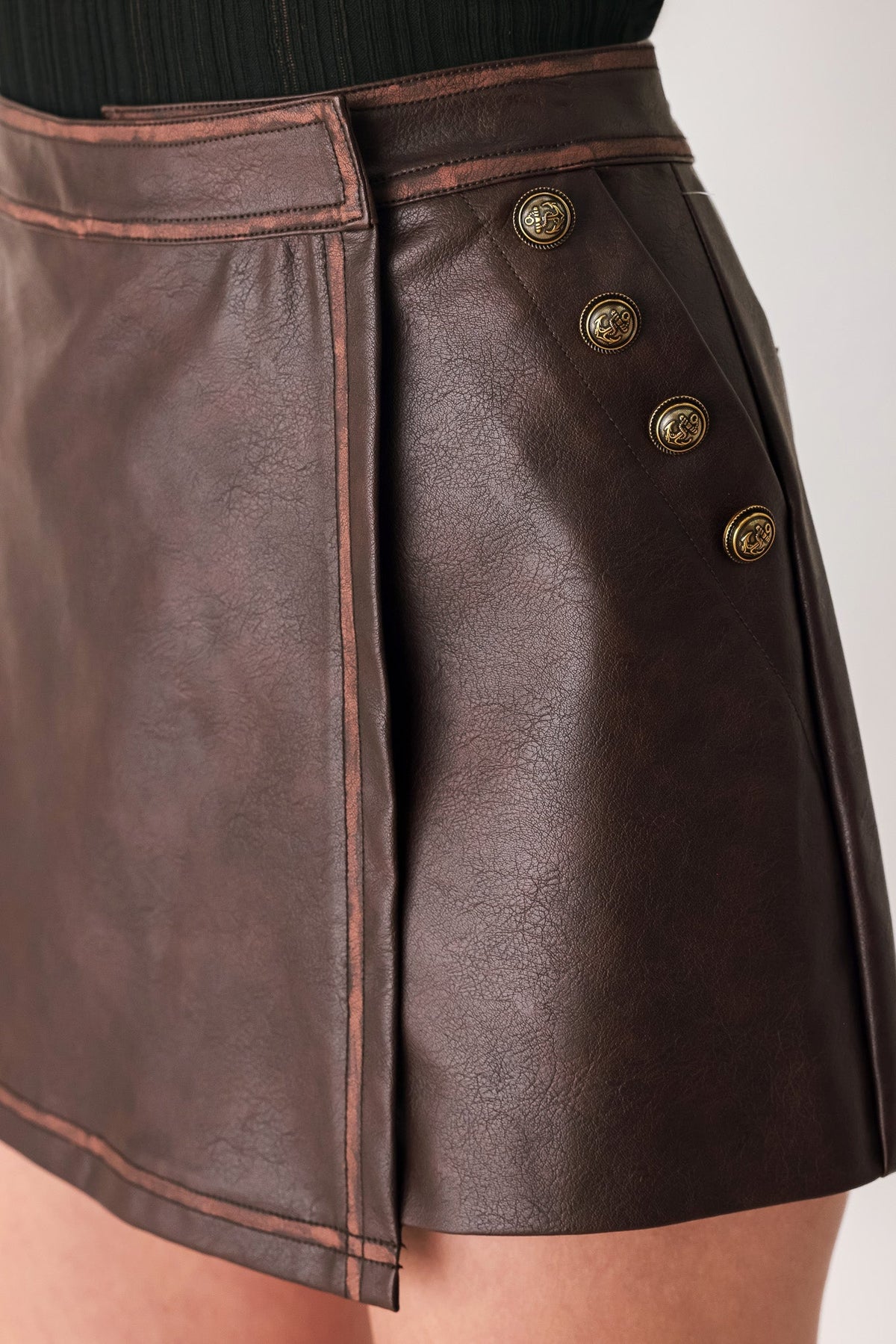 SADDLE STREET BROWN FAUX LEATHER WRAP SKORT - Prim Clothing Company