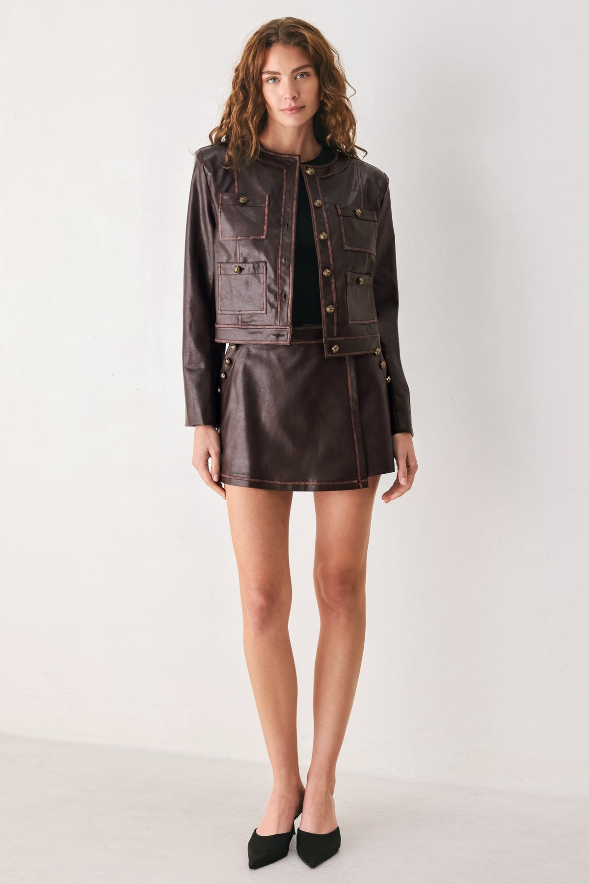 SADDLE STREET BROWN FAUX LEATHER WRAP SKORT - Prim Clothing Company