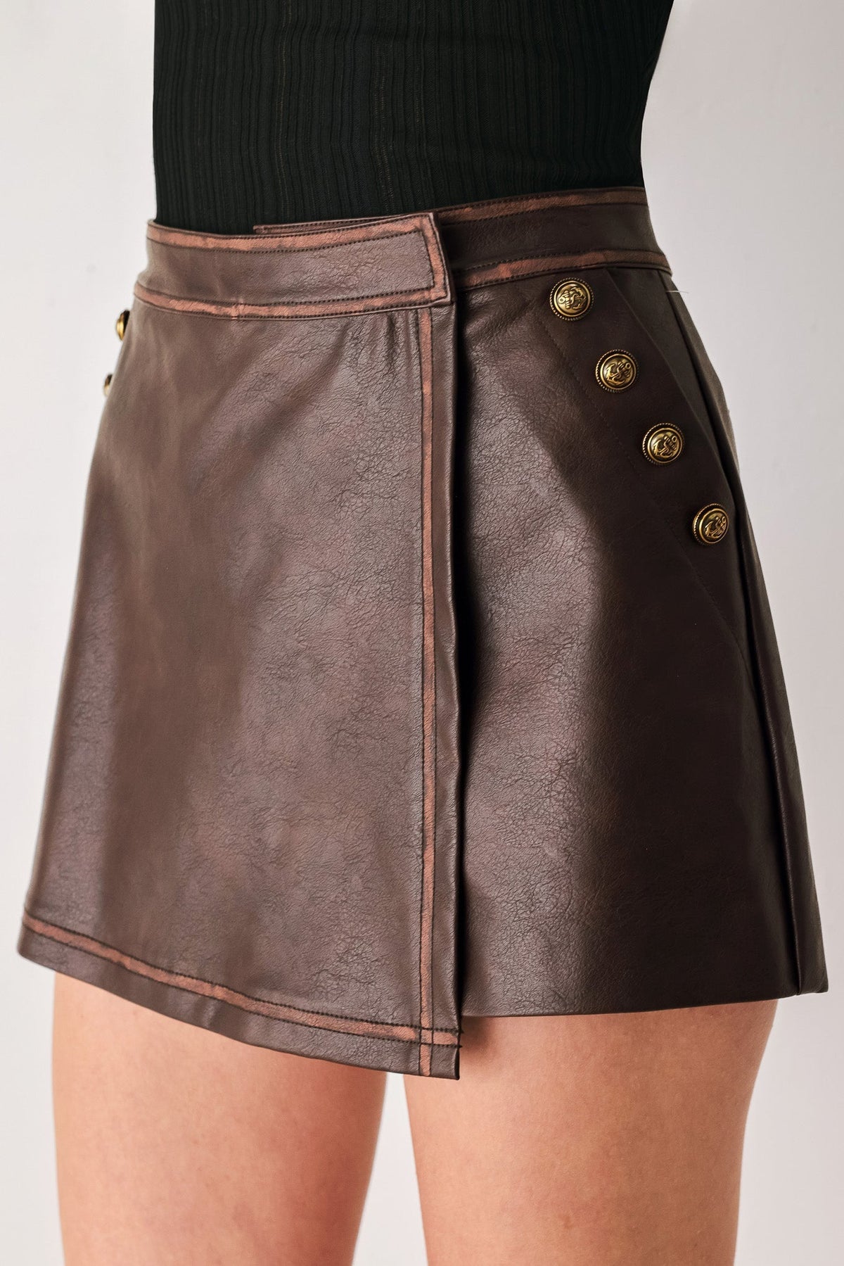SADDLE STREET BROWN FAUX LEATHER WRAP SKORT - Prim Clothing Company