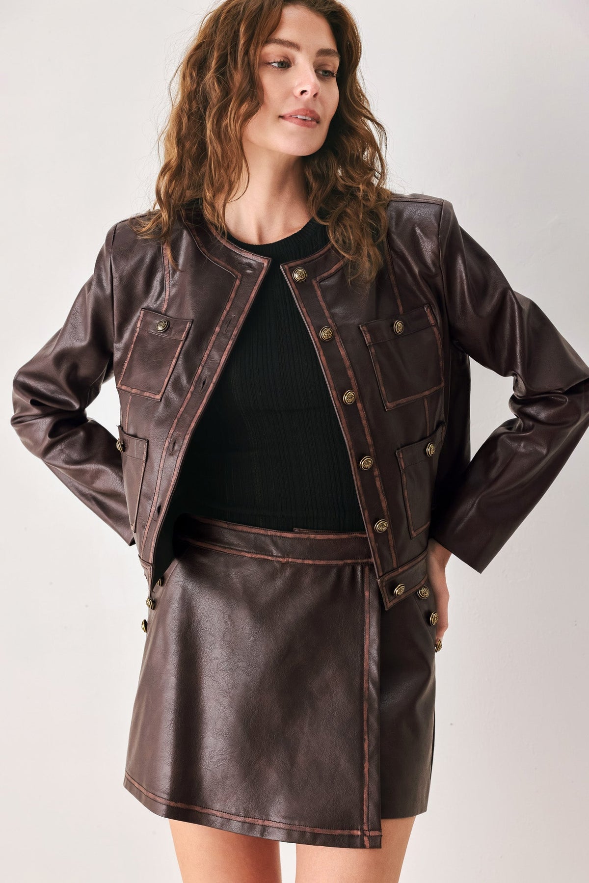 SADDLE STREET BROWN FAUX LEATHER WRAP SKORT - Prim Clothing Company
