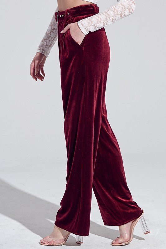 Velvet Wide Leg Pant with Waist Belt - Prim Clothing Company