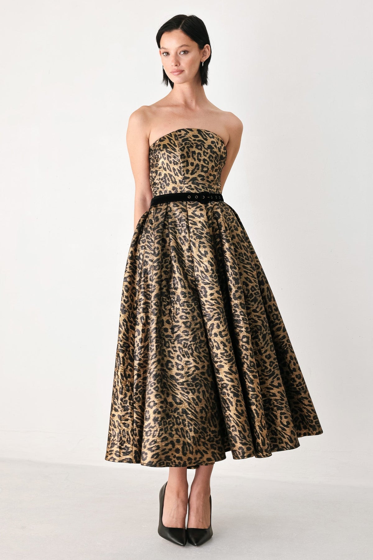 WILDLY GOLDEN LEOPARD STRAPLESS MIDI DRESS - Prim Clothing Company